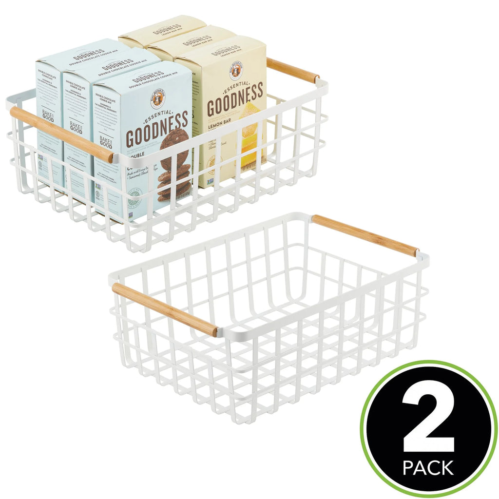Matte White/Natural Metal Wire Organizer Basket with Bamboo Handles, 2 Pack Q58943