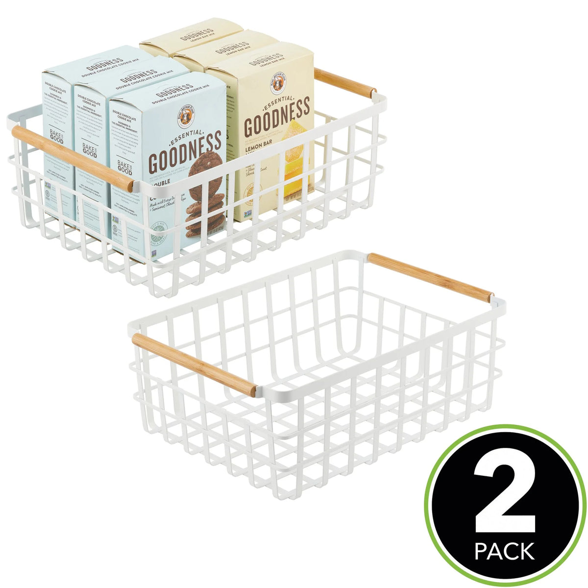 Matte White/Natural Metal Wire Organizer Basket with Bamboo Handles, 2 Pack Q58943