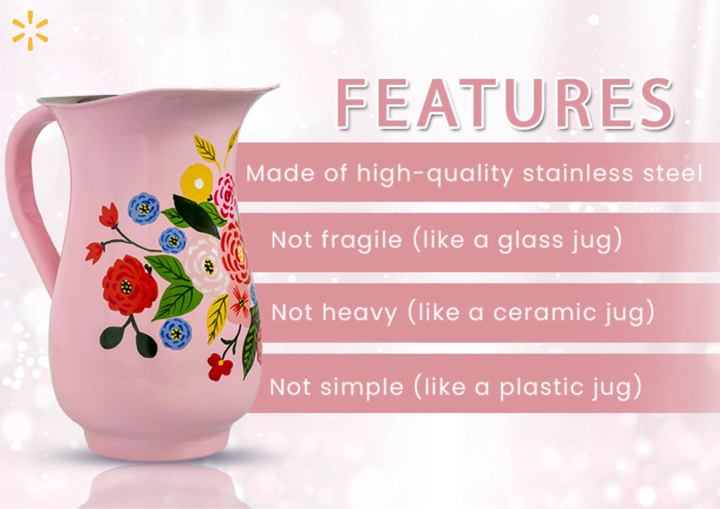 Hand-Painted Floral Stainless Steel Pink Water Pitcher W274