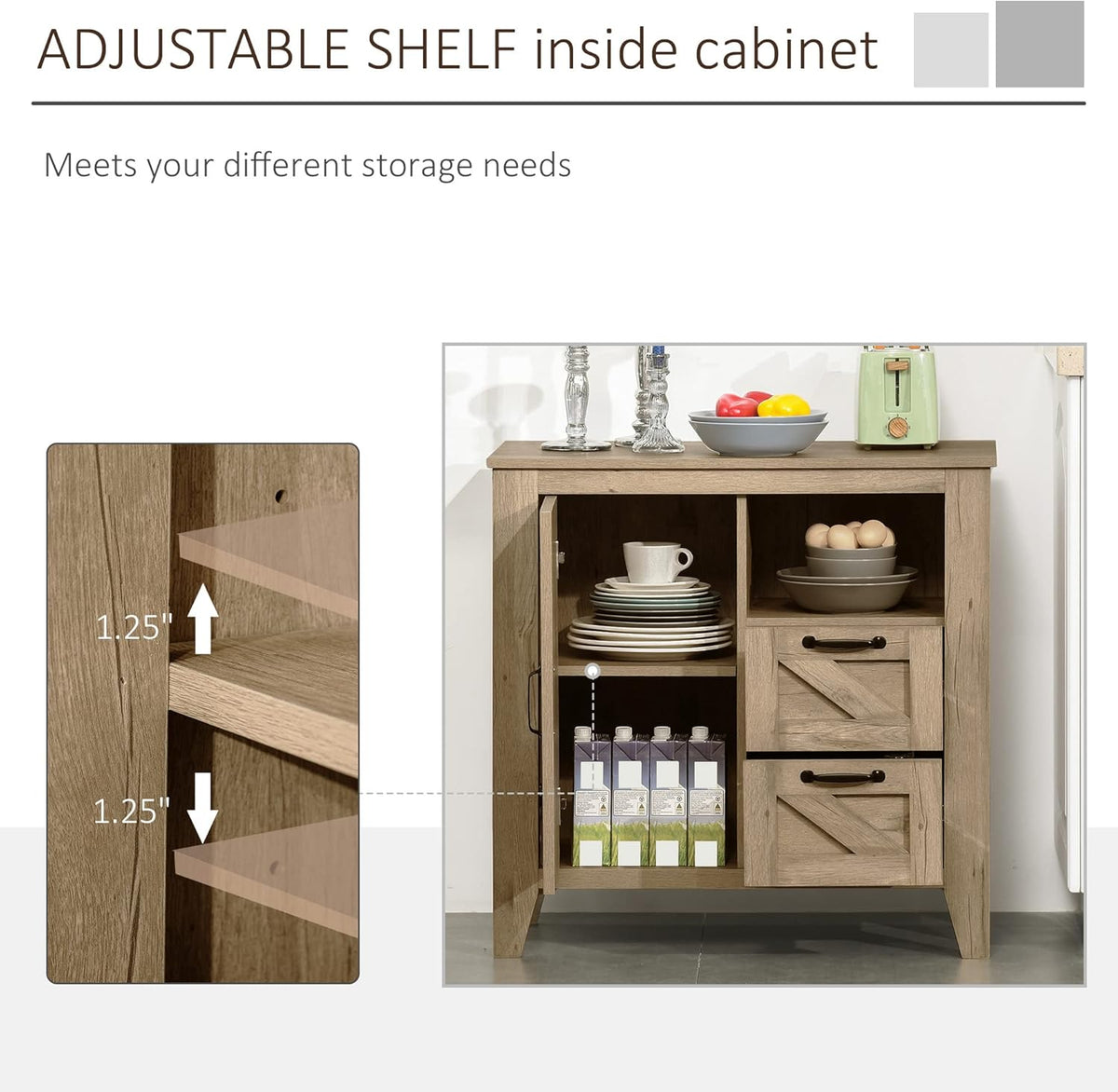 Oak Finish Sideboard with Cabinet, 2 Drawers and Open Shelf F7036