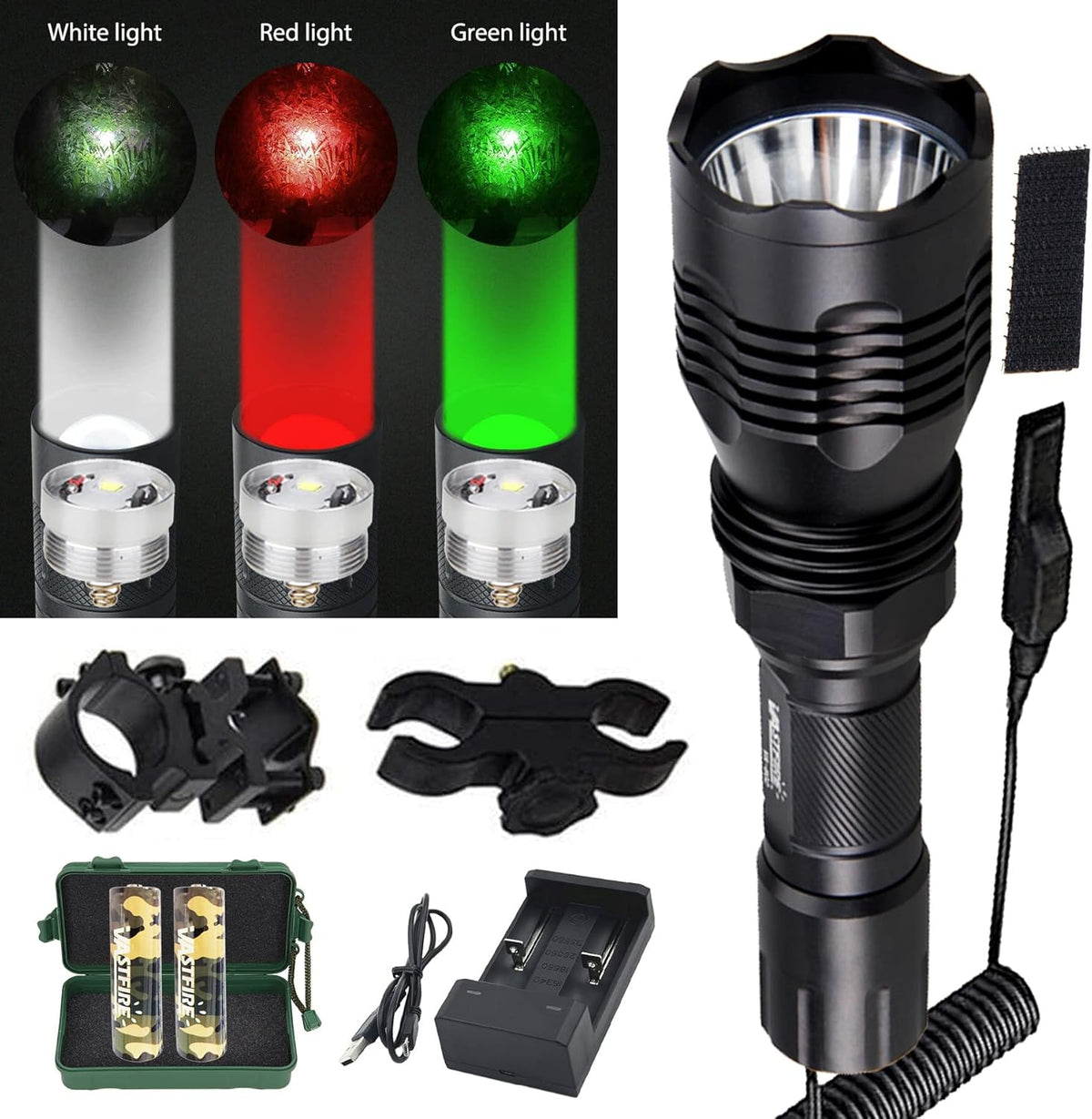 Predator Light with Interchangeable Red Green White LED Hunting Flashlight with Scope Mount B751