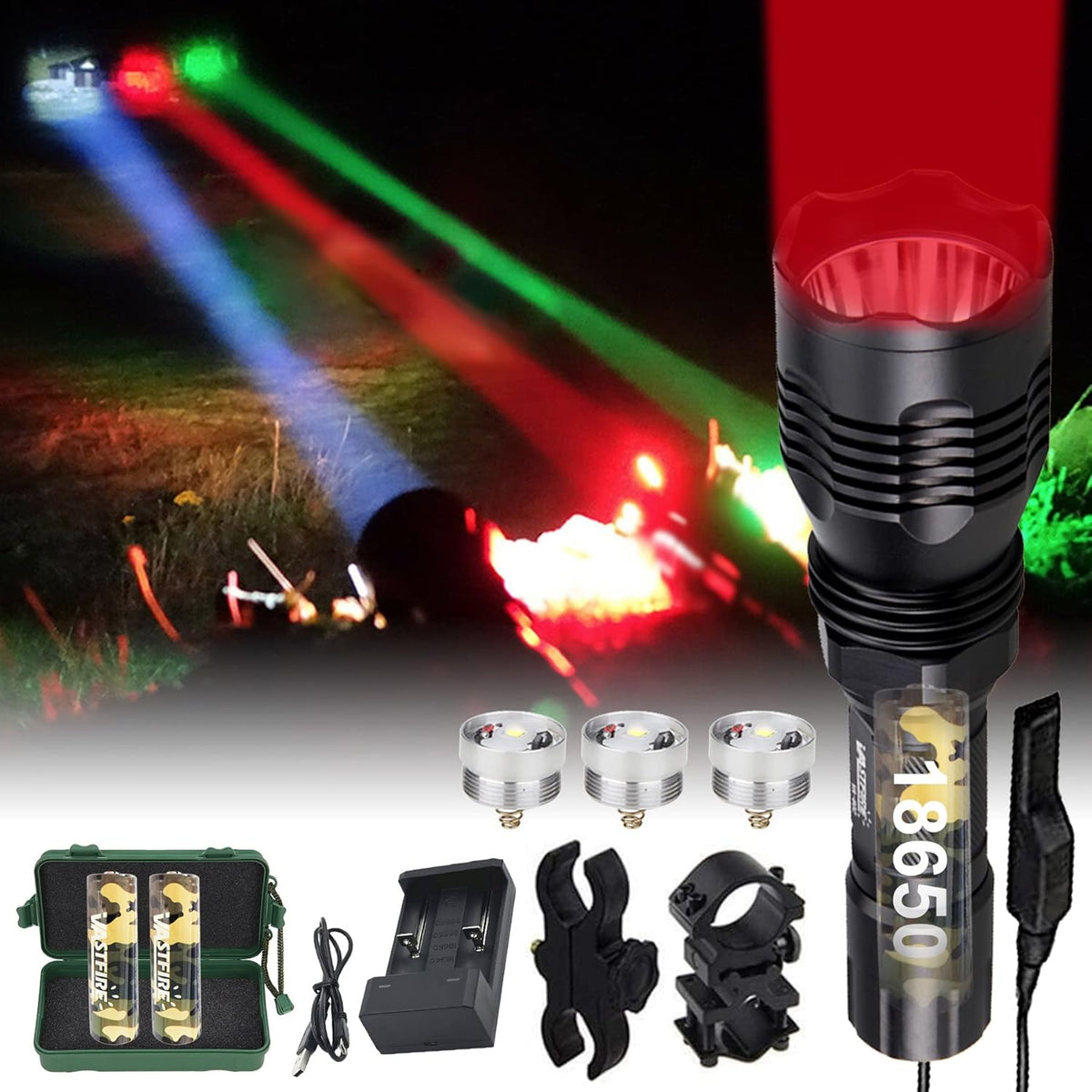 Predator Light with Interchangeable Red Green White LED Hunting Flashlight with Scope Mount B751