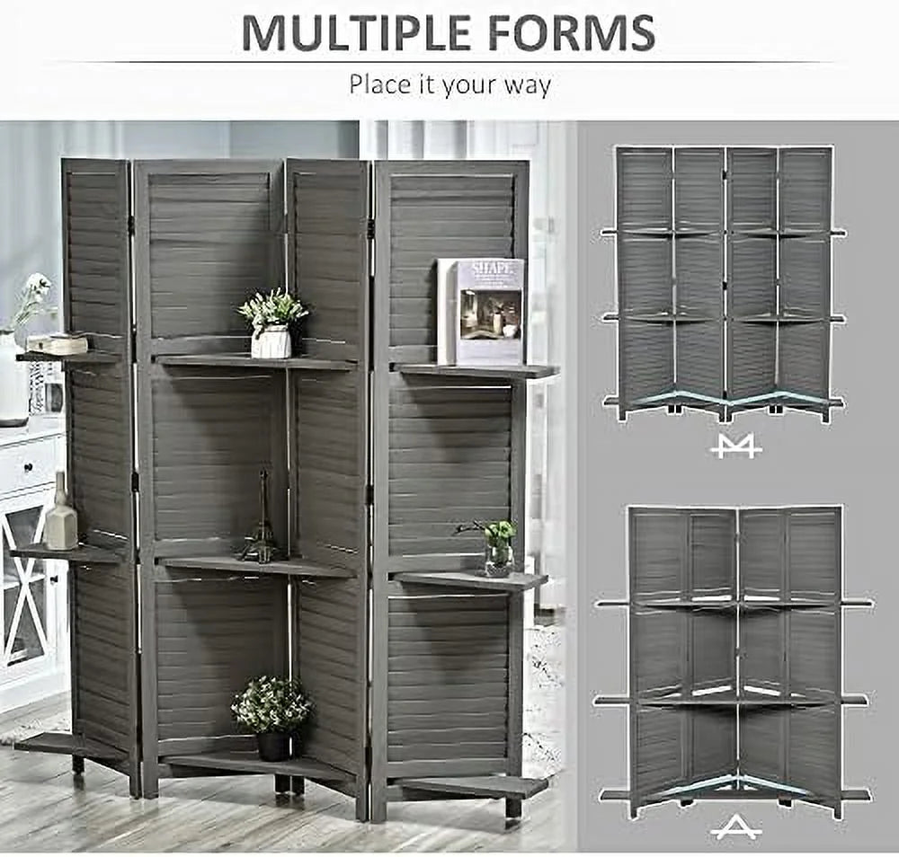 4 Panel Wood Privacy Screen Room Divider with Shelves O68977