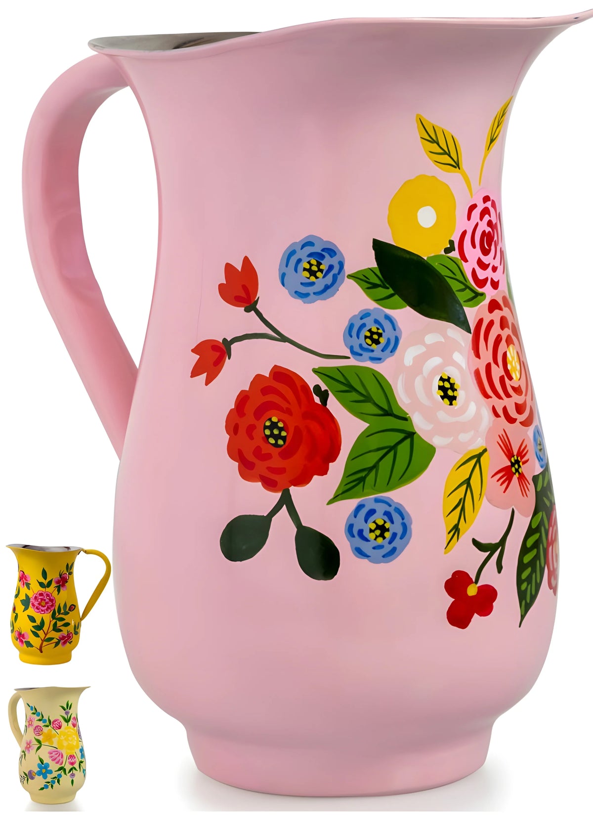 Hand-Painted Floral Stainless Steel Pink Water Pitcher W274