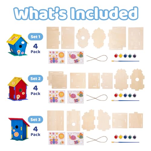 12 Wooden Bird House Kits with Paint Strips, Brushes, Stickers and Strings S57872