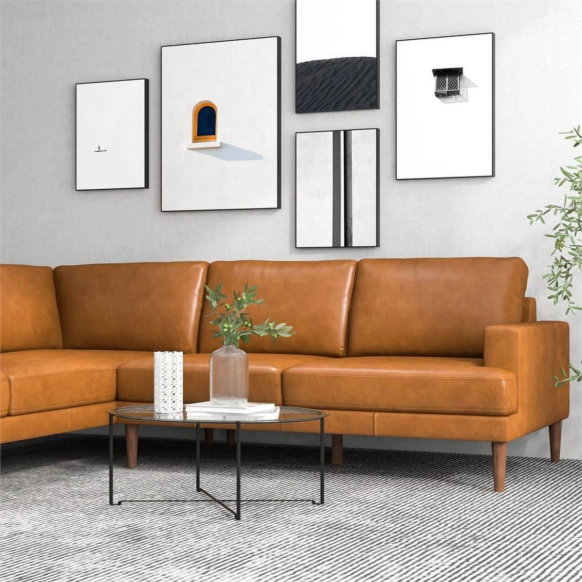 Cognac Tan Genuine Leather Corner Sectional Couch H3935