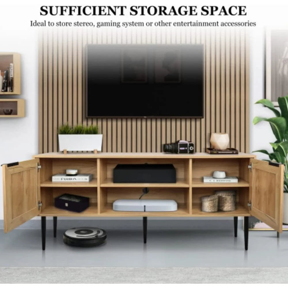 Wooden TV Stand with 2 Wicker Doors and 2 Open Shelves H305860