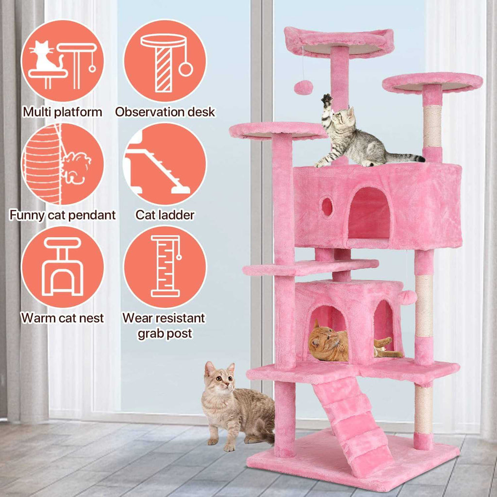 54-in Double Condo Cat Tree Tower Playhouse with Scratching Post & Perch K882