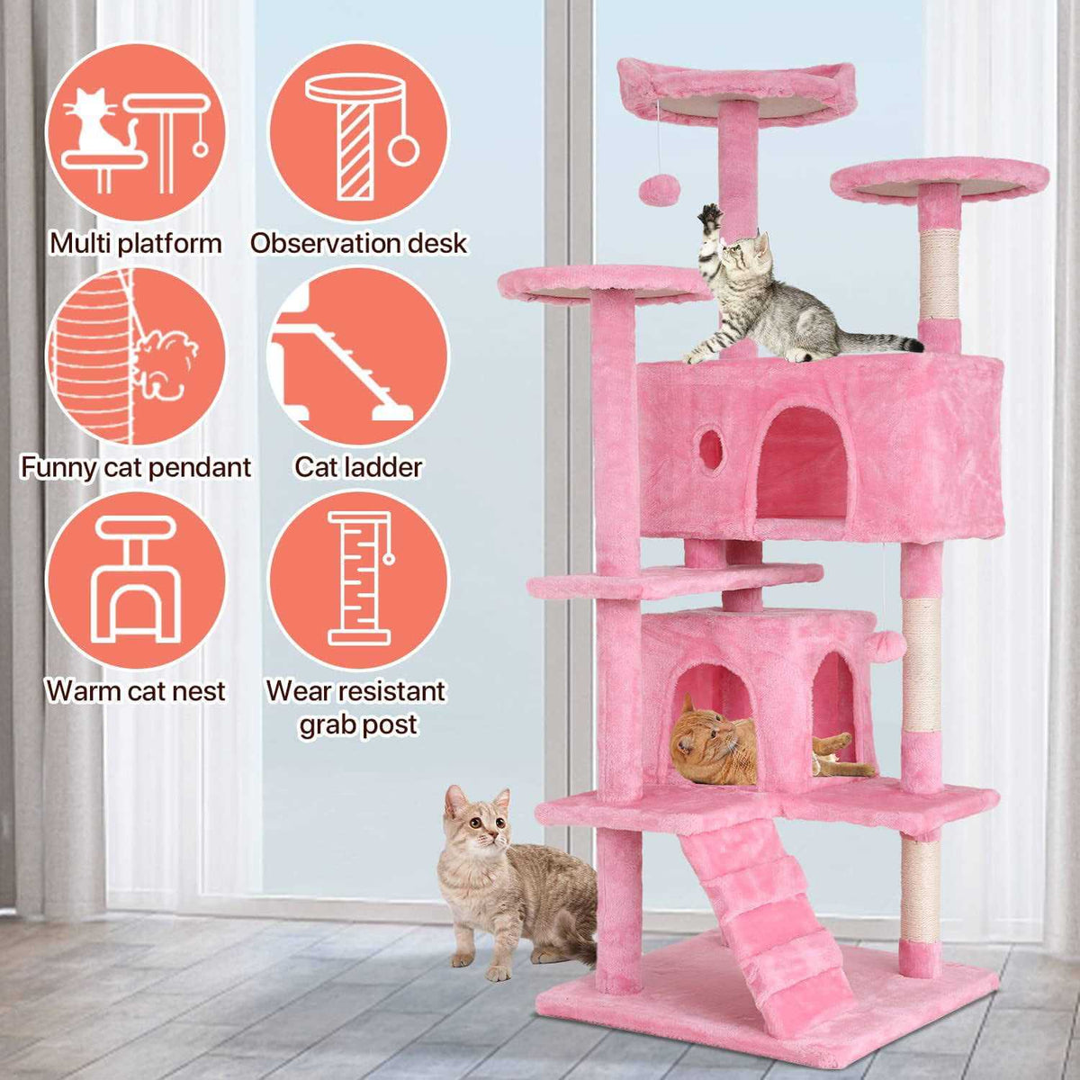 54-in Double Condo Cat Tree Tower Playhouse with Scratching Post & Perch K882