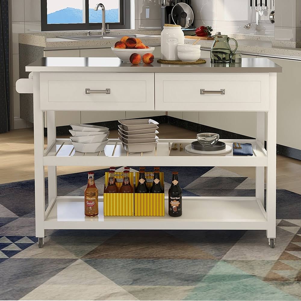 White Stainless Steel Kitchen Cart with Two Drawers I256363