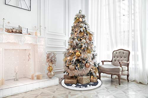 White Fur Christmas Tree Skirt with Deer and Snowflake Pattern 36 inches T798
