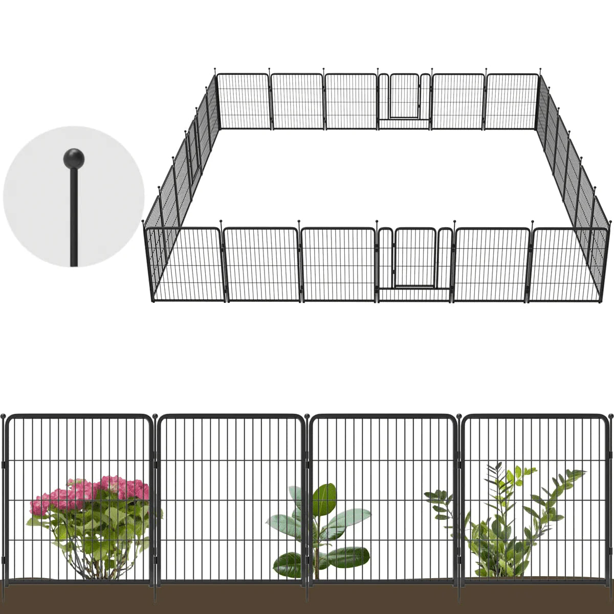 24 Panels 54ft x 32in Black Metal Garden Fence with 2 Gates J227544